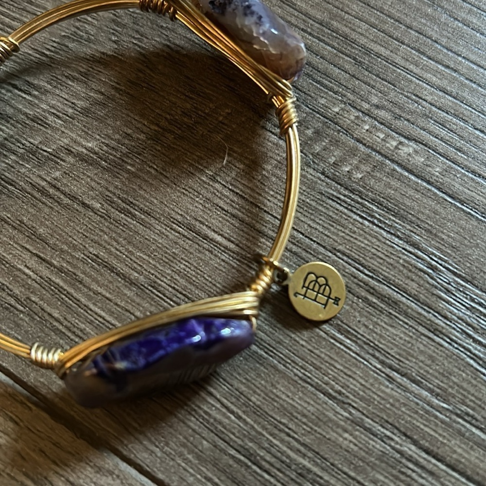 Gold Wire Wrapped Purple Stone Bangle Bracelet - Picture 2 of 5